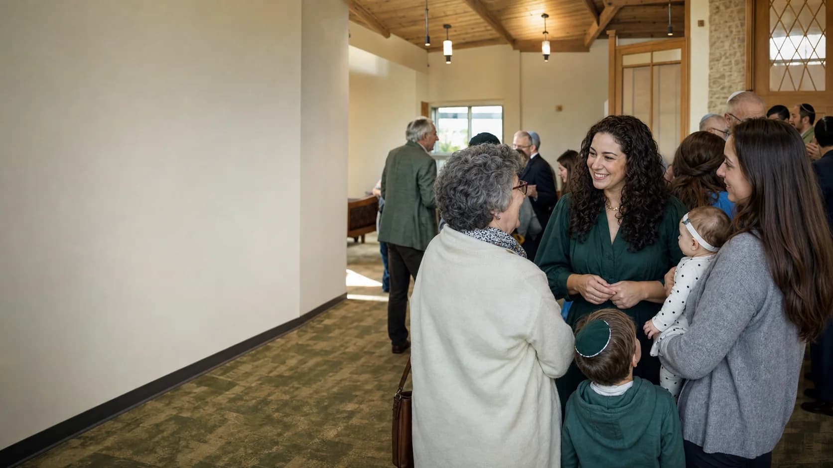 Members of a congregation talking together after services, three generations of one family in the foreground.